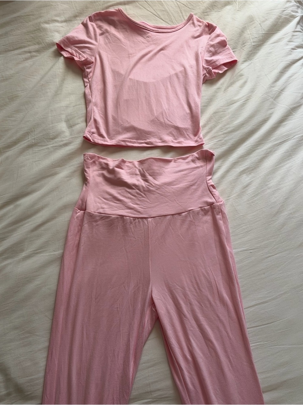 Women's Pink Lounge Set - Crop Top & Foldover Flare Pants